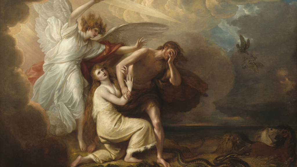 Uma pintura que representa a expulsão de Adão e Eva do reino dos céus.