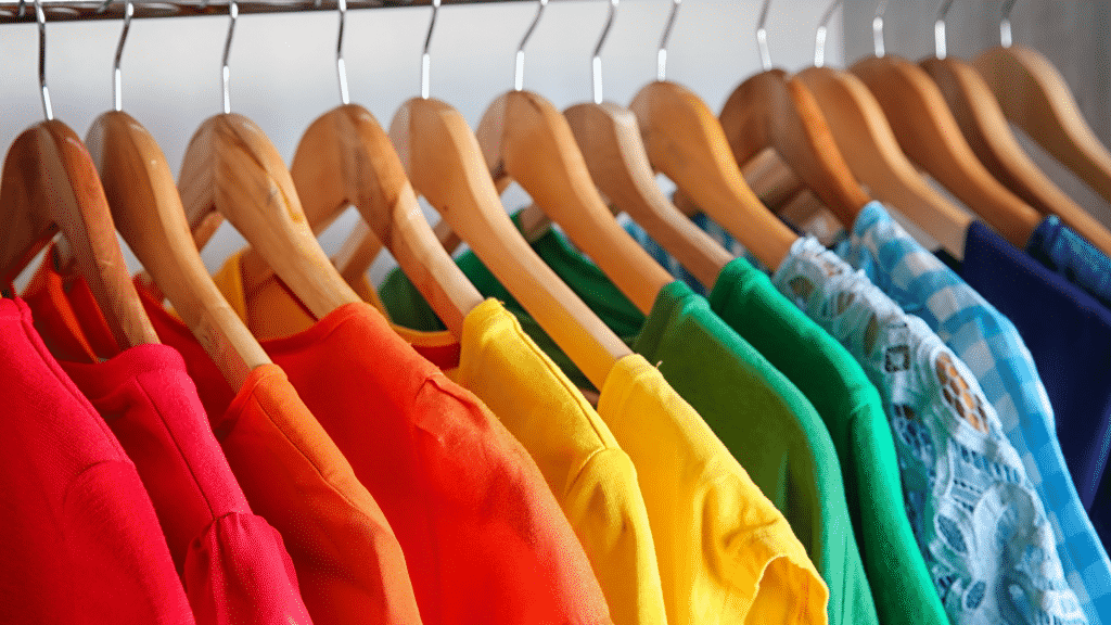 Roupas coloridas em cabides.