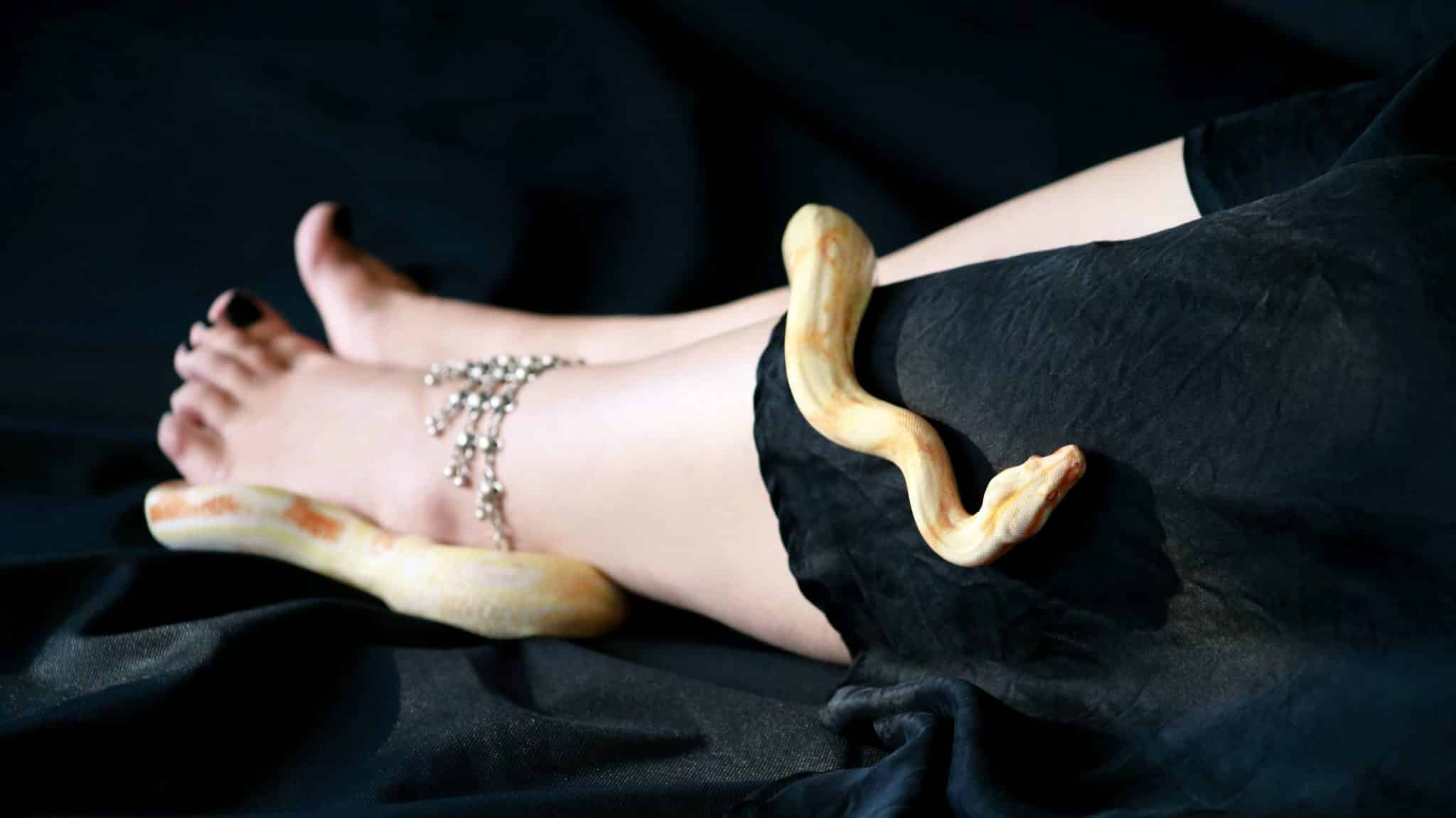 Uma cobra enrolada num pé humano.