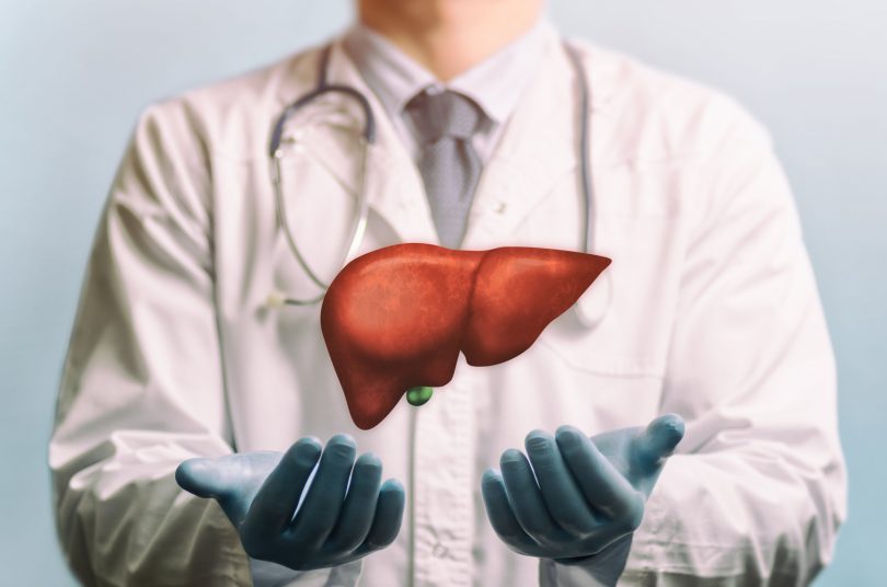 Pessoa vestida com roupas de médico indicando um fígado humano.