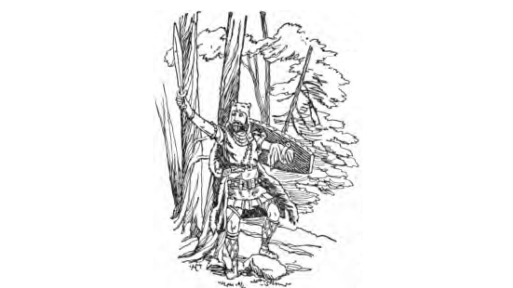 Uma ilustração de Týr segurando uma espada e comportando, consigo, um escudo.