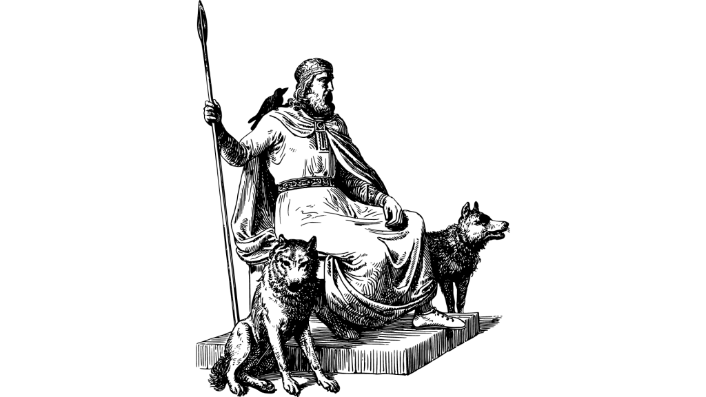 Um desenho digital de Odin sentado ao lado de lobos.