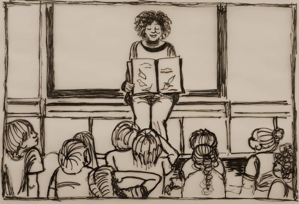 Ilustração de professora contando histórias para crianças.