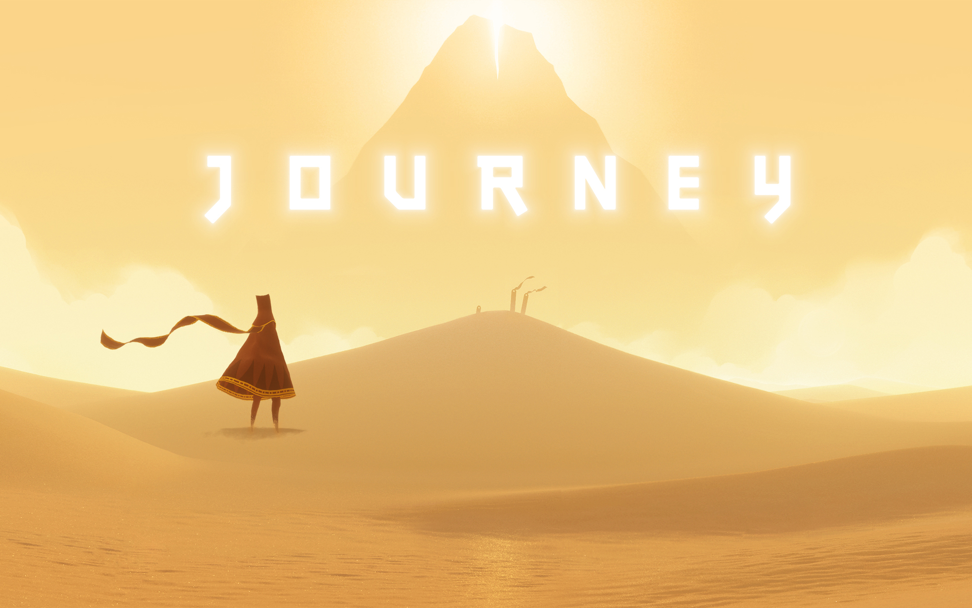 A capa do jogo Journey. Nessa, a ilustração de um deserto. Sobre a areia dele, uma criatura misteriosa.