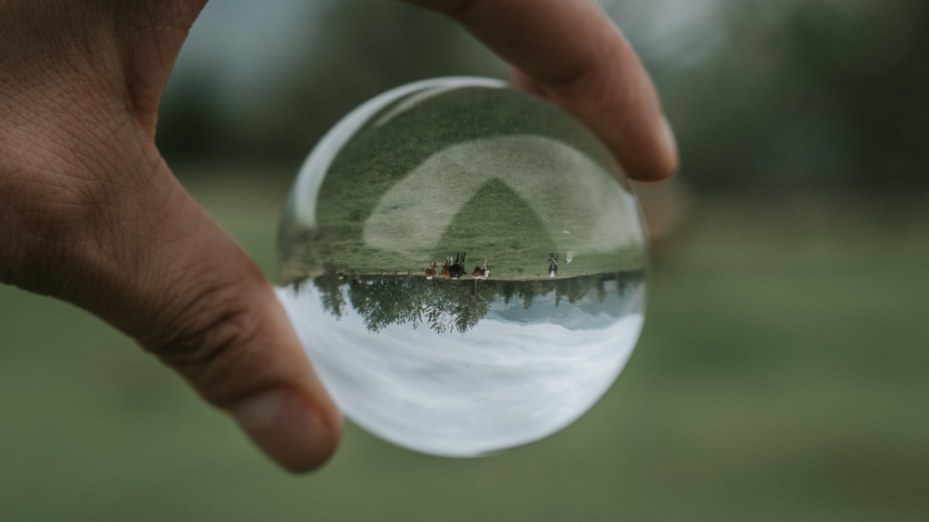 Uma mão segurando um globo espelhar que reflete um ambiente verde.