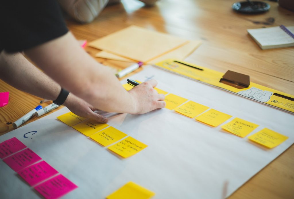 Pessoa colocando post its em um quadro de organização