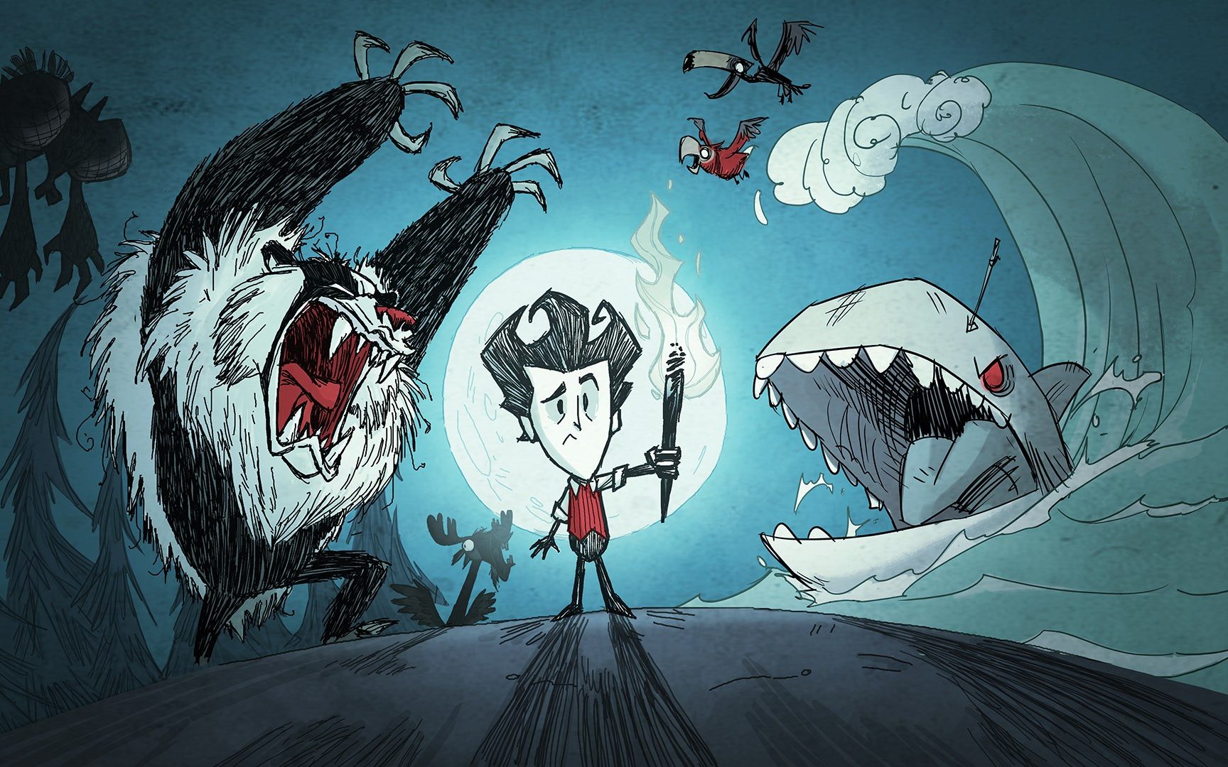 A capa do jogo Don't Starve. Nessa, em forma de ilustração, criaturas monstruosas e um homem.