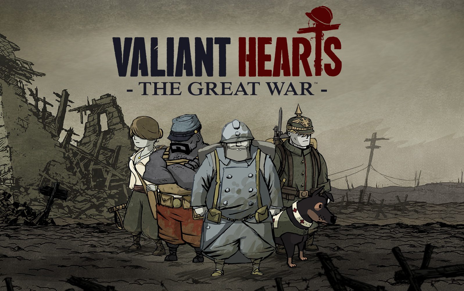 A capa do jogo eletrônico Valiant Hearts, que exibe 4 soldados diferentes.