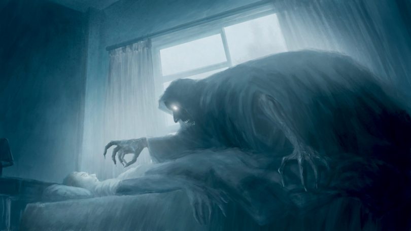 Ilustração de um monstro em cima da cama.