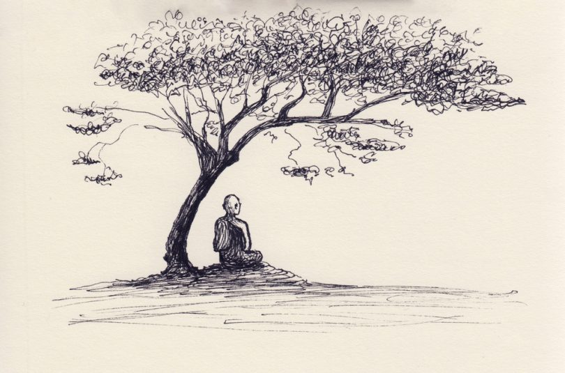 Ilustração de um monge meditando embaixo de uma árvore.