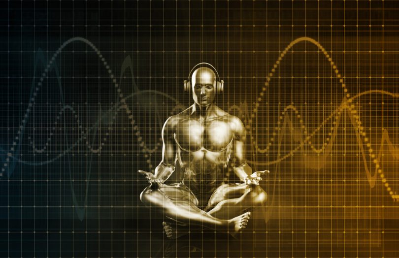 Animação 3D de um homem sentado em posição de meditação com fones de ouvido e frequências binaurais passando por ele.