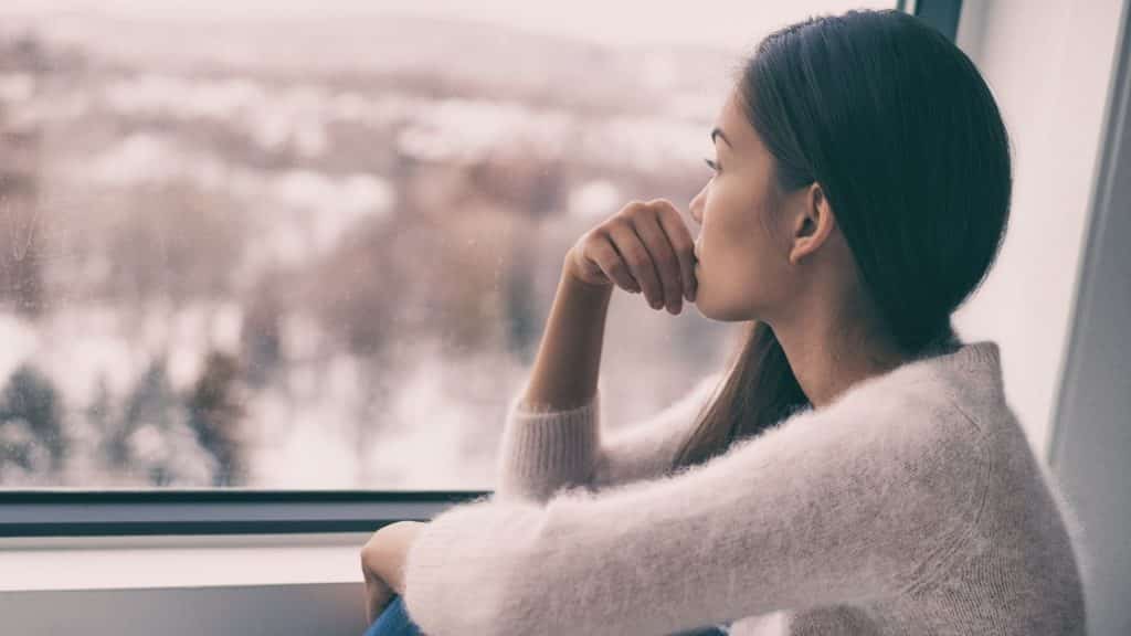 Uma mulher contemplando uma paisagem repleta de neve através de uma janela.