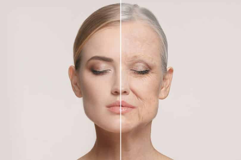 Uma imagem que apresenta um esquema dicotômico. À esquerda, a face esquerda jovem e pueril de uma mulher. À direita, a face direita de uma mulher envelhecida.