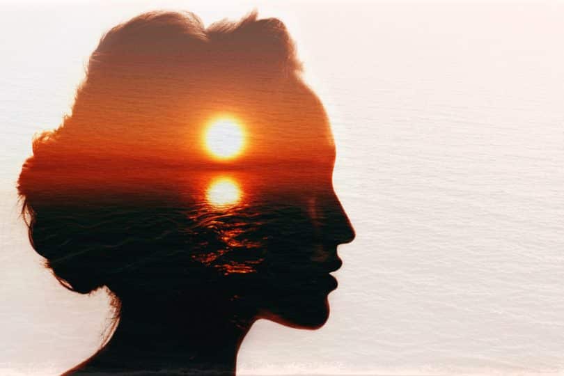 Uma sombra de um rosto feminino e, ao fundo dele, um sol nascente.