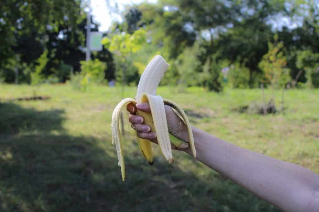 Mulher branca segurando banana.
