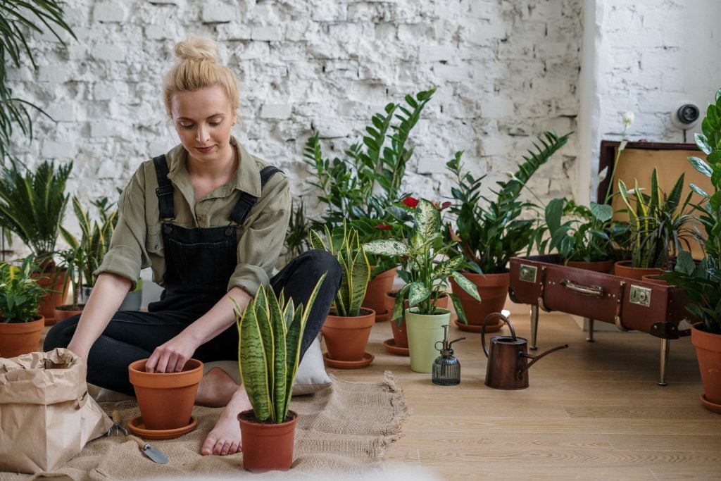 Mulher sentada no chão mexendo em vasos e plantas.