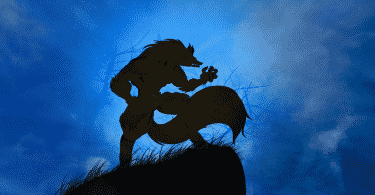 Uma ilustração de um lobo bípede.