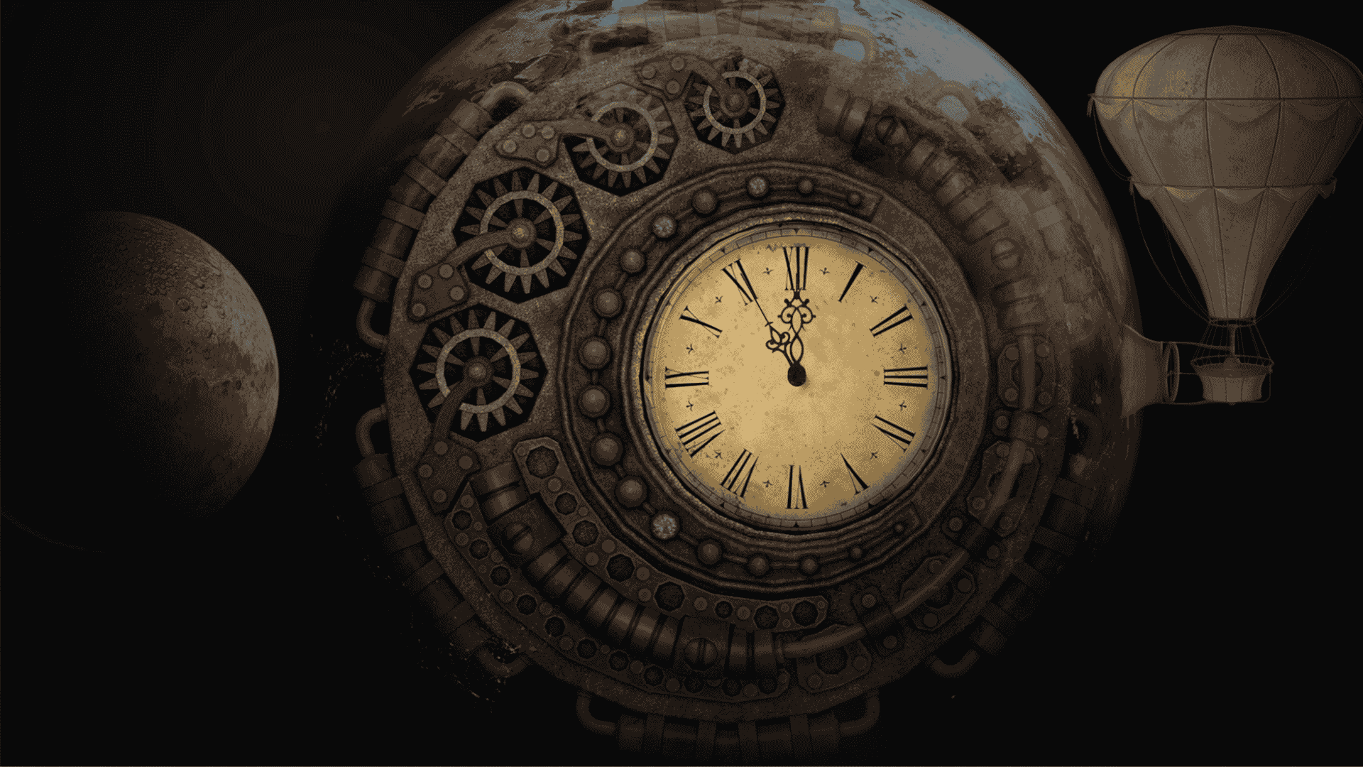 Um relógio e um balão antigo sendo representados junto com a Terra e a Lua, indicando a transição planetária e do tempo