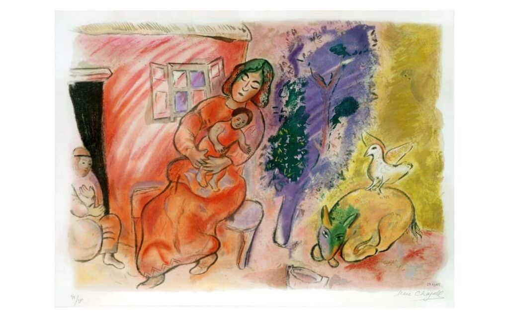 O quadro "Maternidade", produzido em 1954. Este quadro pertence a Marc Chagall.