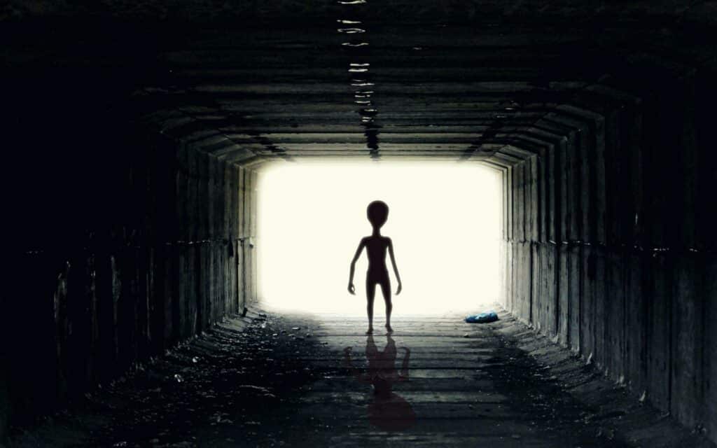 Um alien entrando num canal por meio de uma porta.