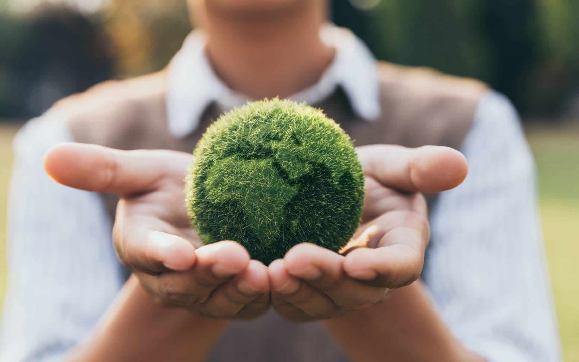 Uma pessoa segurando um globo planetário da terra feito de grama