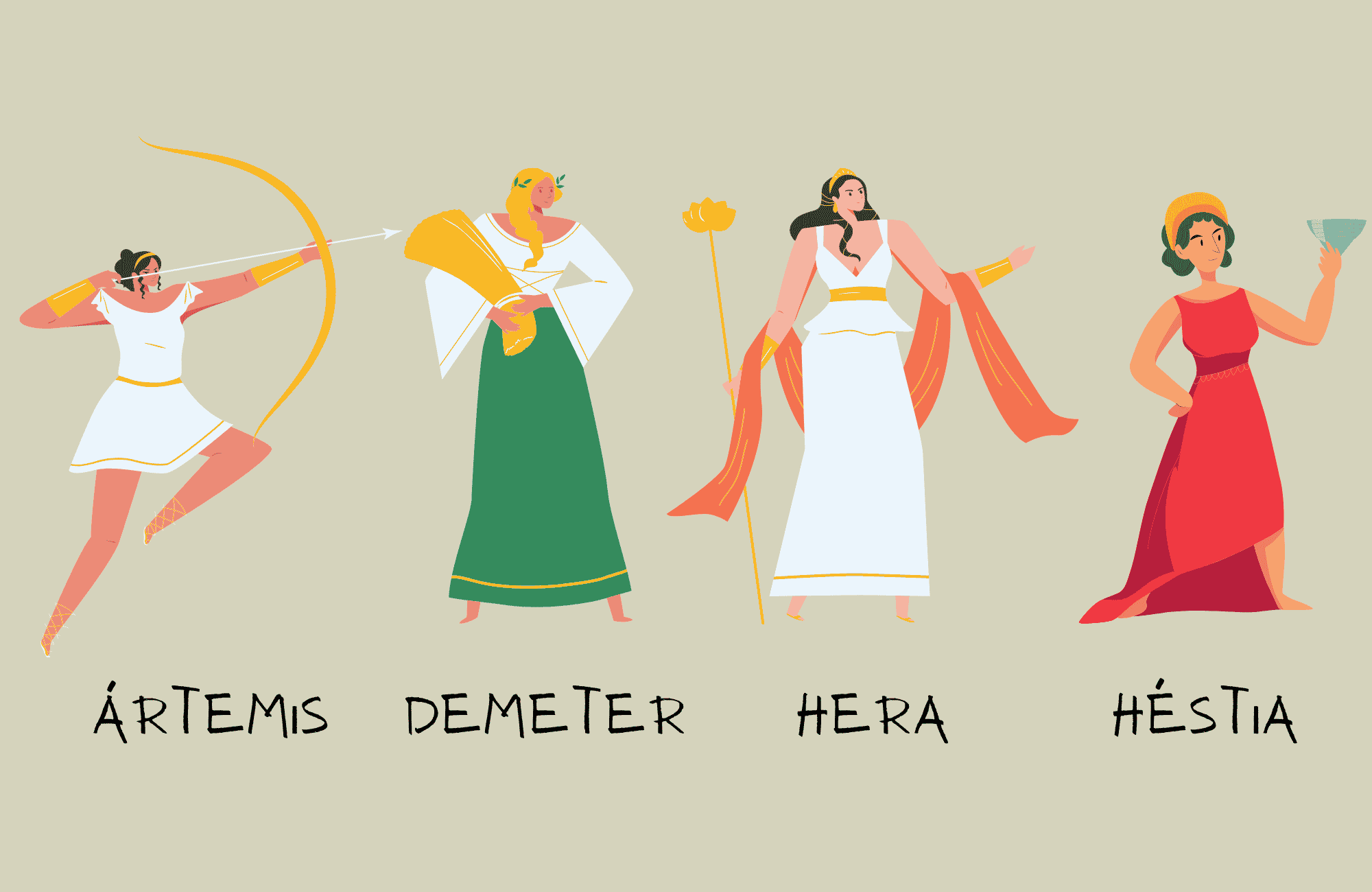 Ilustrações das deusas Ártemis, Demeter, Hera e Héstia.