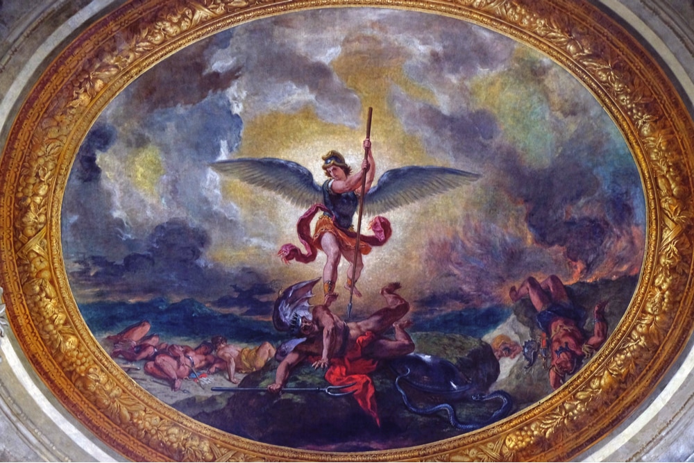 Pintura retratando o Arcanjo Miguel pisando e derrotando o inimigo.