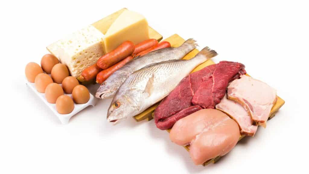Numa tábua, alimentos que contêm grande quantidades de proteína. Peixes, carnes e ovos.