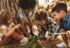 crianças brincando na floresta, procurando algo enterrado