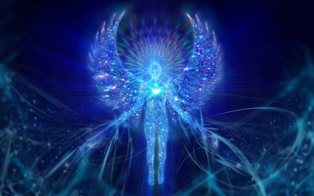 Ilustração de um anjo, com luzes azuis e pontos de brilho por toda a imagem