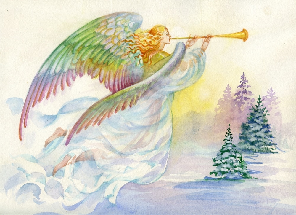 Pintura em tons aquarelados de um anjo voando e tocando trompete no meio da natureza