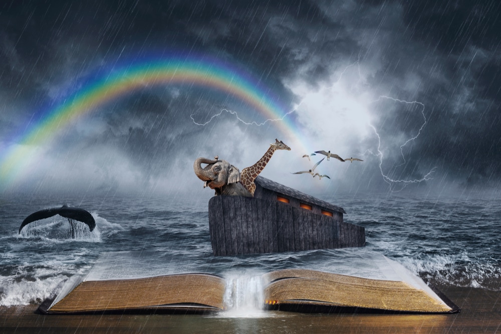 Uma ilustração de uma grande arca que viaja em meio ao mar. Uma bíblia subjaz ao mar e à arca.