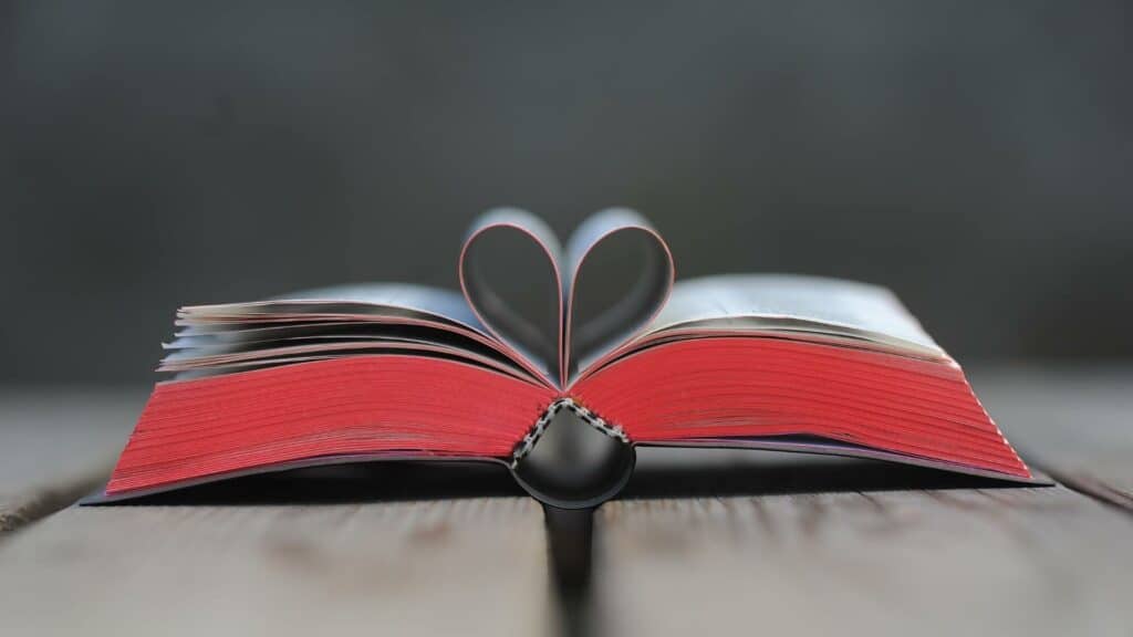 Páginas de uma bíblia formando um coração.