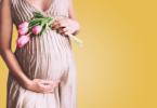 Mulher de vestido longo grávida segurando flores sobre a barriga, em fundo amarelo.