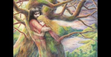 Desenho de Deirdre, mulher loira, abraçando Naois, Homem alto de cabelo castanho, ambos debaixo de uma árvore