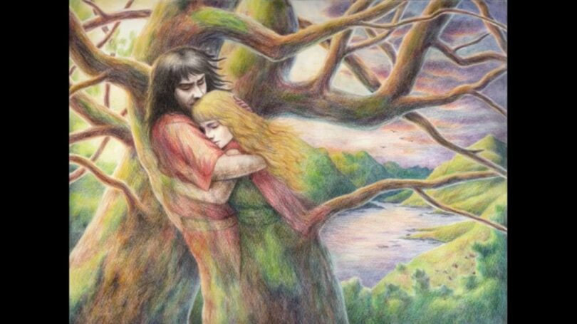 Desenho de Deirdre, mulher loira, abraçando Naois, Homem alto de cabelo castanho, ambos debaixo de uma árvore