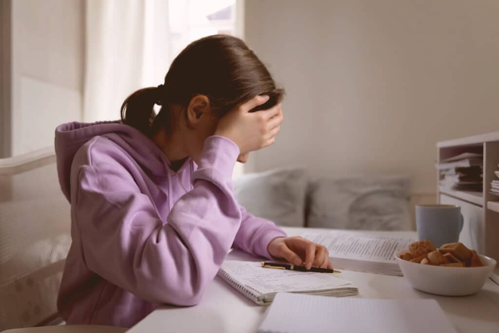 Menina apoiando a cabeça na mão, diante de um caderno aberto e seus materiais de estudo.