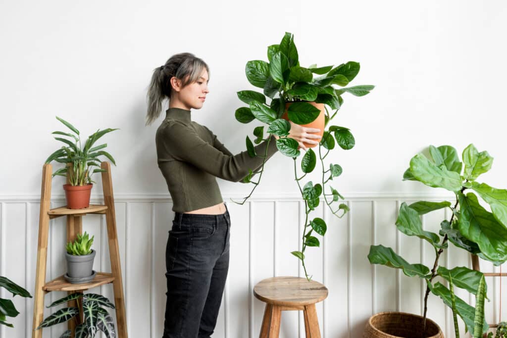 Mulher segurando um vaso de plantas, cercada por plantas.