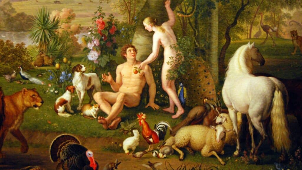 Uma pintura na qual se veem Adão e Eva.