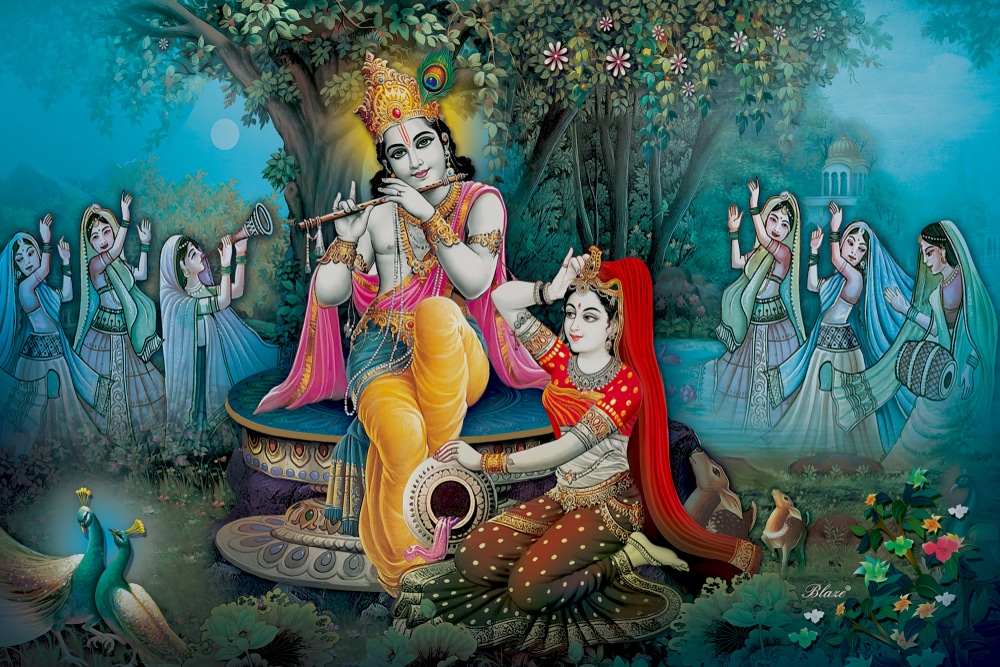 Imagem colorida com os deuses hindus Shiva e Vishnu, pavões iluminados abaixo no lado esquerdo e dançarinas hindus aos lados abaixo de uma árvore