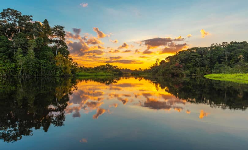 Amazônia: Por do sol com reflexo na água do rio e várias árvores ao redor