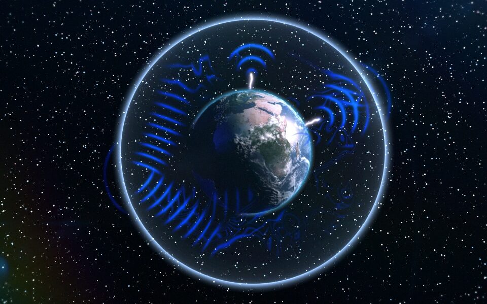 Uma ilustração do planeta terra e da Ressonância Schumann.