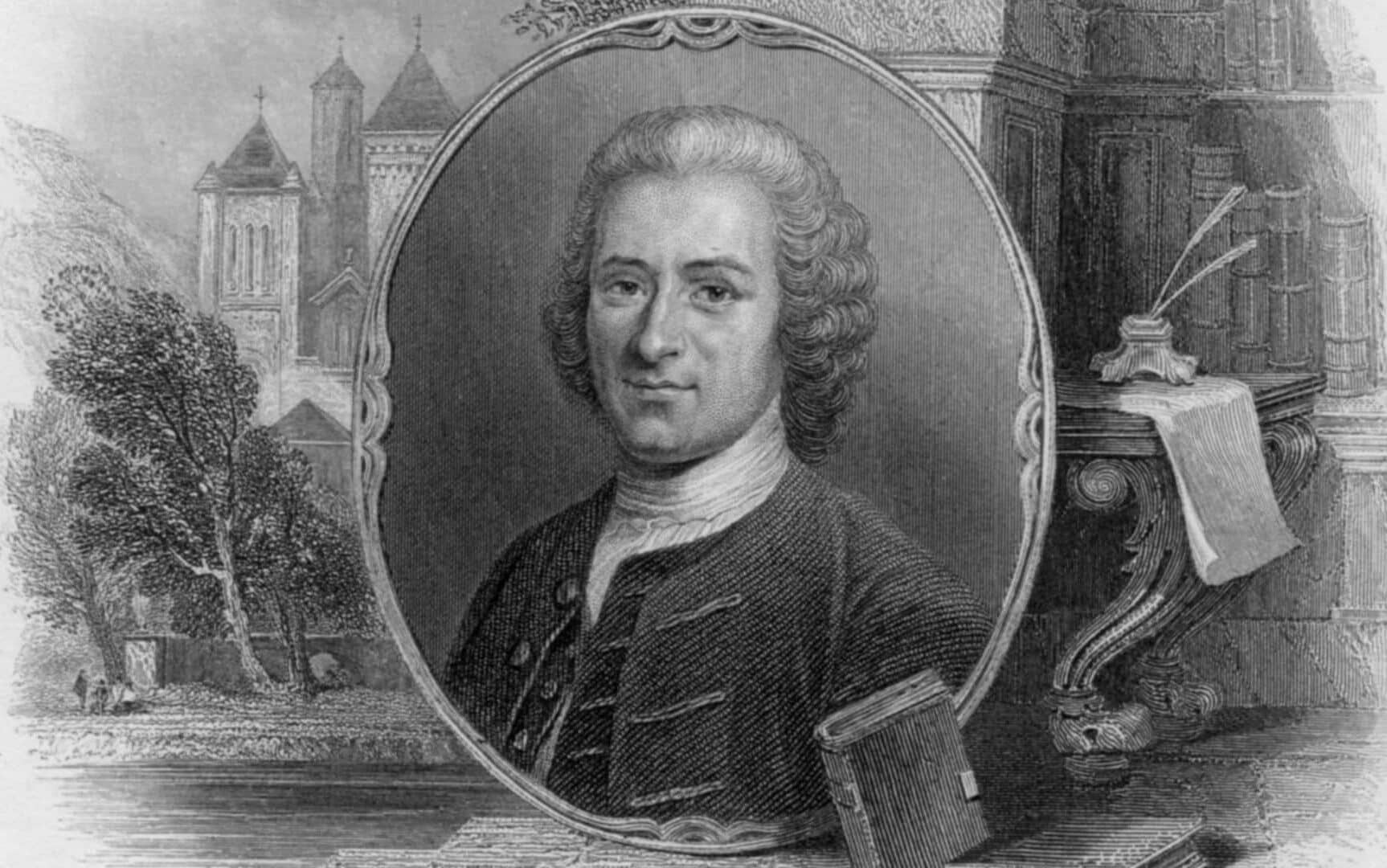 Um retrato em preto e branco do filósofo genebrino Jean-Jacques Rousseau.