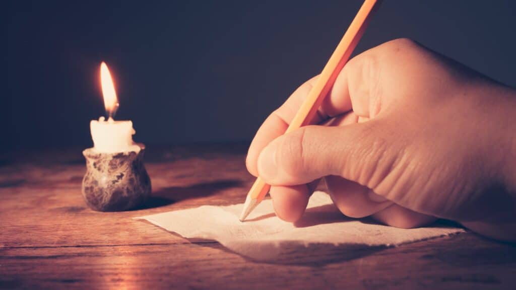 Um homem realizando notas à luz de uma vela.