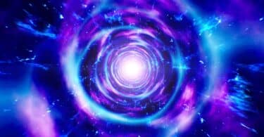 Ilustração de um portal. É um grande buraco no céu, brilhante e cheio de luzes azuis e roxas, como o universo
