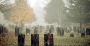 Cemitério vazio, com vários túmulos dispostos em seu terreno. O tempo aparece nublado.
