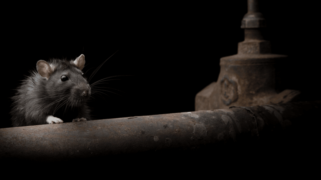 Rato preto do lado de um cano enferrujado. 