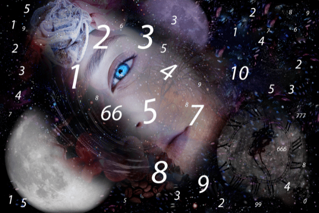 Olho de uma mulher junto com números espalhados pelo Universo