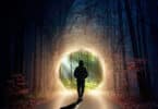 Um portal aberto em meio a uma floresta.