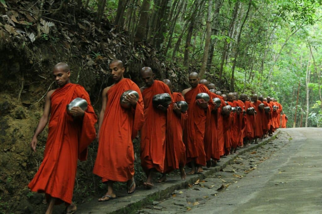 Homens budistas carecas com túnica vermelha andando em fila por uma estrada cheia de árvores